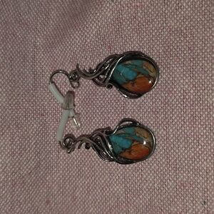 Turquoise and Orange Stone Drop Earrings - Unbranded